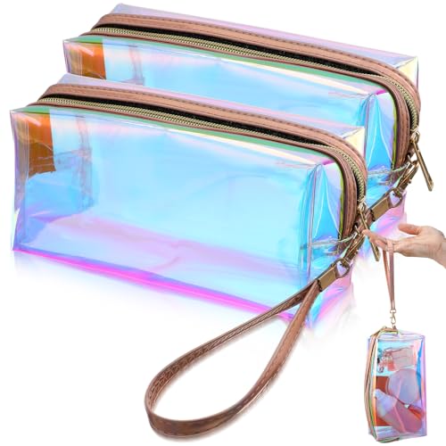 APLZGMG 2 Pcs Clear Iridescent Holographic Makeup Bag, Glitter Travel Cosmetic Pouches with Zipper, Waterproof Toiletry Or...