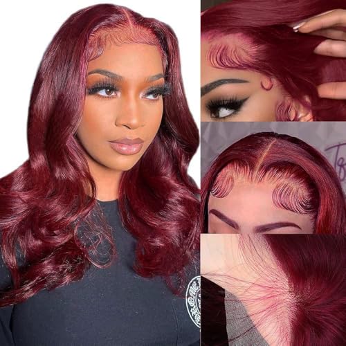SUPERNOVA 99J Burgundy Lace Front Wigs Human Hair 4x4 HD Body Wave Wigs with Baby Hair 180% Density Red Wine Colored Wigs for Women 16 Inch