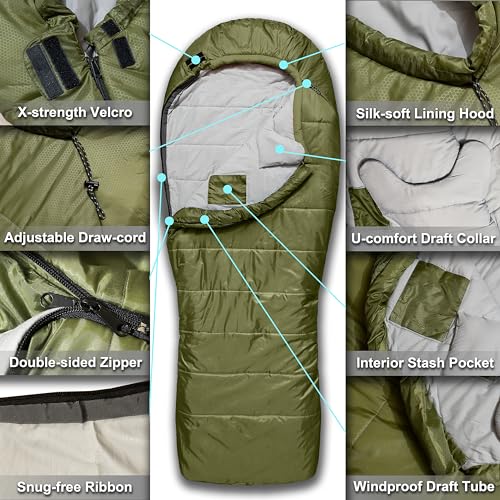 Azitrek 0 Degree Mummy Sleeping Bags for Adults Camping | XXL Big and Tall 3-4 Season Warm Cool | Cold Weather Winter Slee...