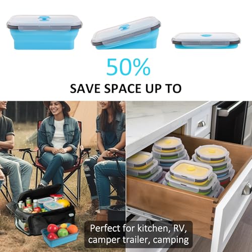Collapsible Food Storage Containers with Lid & Air Vent, 16 Pack, 8 Rectangular + 8 Round, Annaklin Foldable Silicone Lunc...