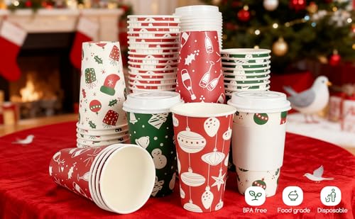 FUNPAK Christmas To Go Coffee Cups with Lids 16 oz Insulated Cups, 100 Packs Hot Cup for Chocolate/Coffee/Tea/Water/Juice,...