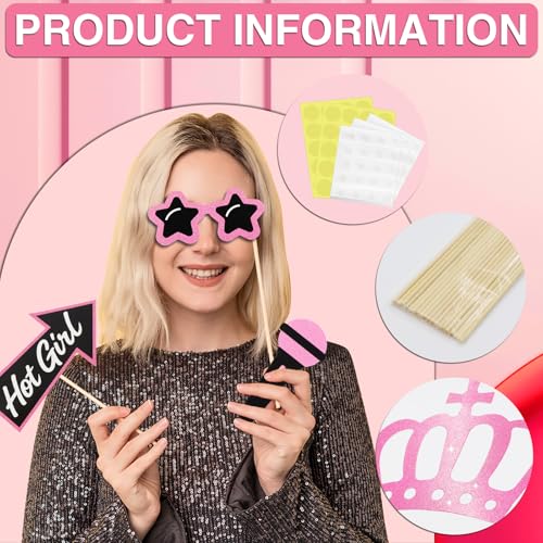 Hot Pink Glitter Photo Booth Props 31 Count, for Birthday Wedding Bachelorette Single Parties, Rose Golden Cute Funny Desi...