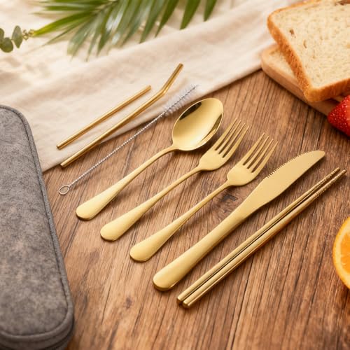 Stainless Steel Silverware Set, 7-Piece Travel Essentials with Carrying Case, Portable Cutlery for Adults, Reusable Utensi...