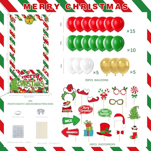 Christmas Party Decoration Set, 35 Balloons, 18 Photo Props, Banner, Photo Booth Frame, Red Green White