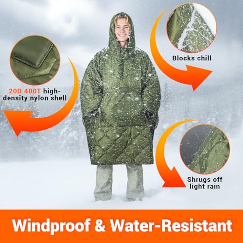 FUNANASUN Recycled Wearable Sleeping Bag, 4-in-1 Poncho Blanket Hoodie with 650FP Insulation, Ultralight Packable for Adul...