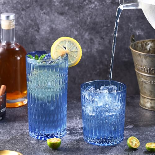 Loivttvv Glassware Drinking Glasses Set of 8, 14 oz Highball Glasses & 10 oz Ribbed Glass Cups, Vintage Glassware for Wate...