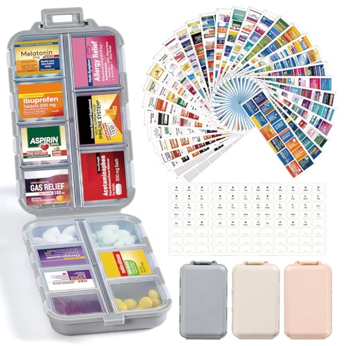 3 Pack 14 Grids Travel Pill Organizer Box with 415-Pcs Medicine Name Labels - Pocket Daily Pharmacy Case Container Kit - T...