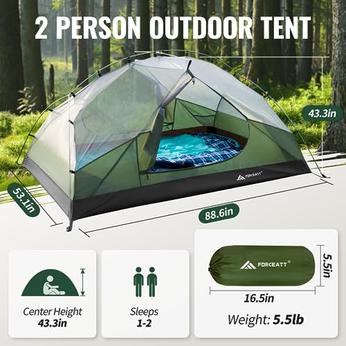 Forceatt Tent for 2 and 3 Person is Waterproof and Windproof, Camping Tent for 3 to 4 Seasons,Lightweight Aluminum Pole Ba...