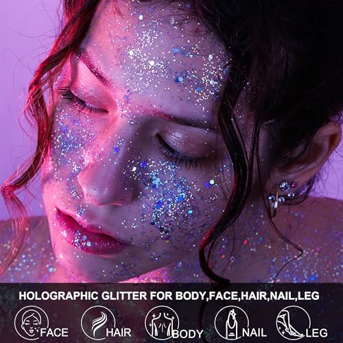 Glow in The Dark Body Face Glitter Gel for Women, 12 Colors Glitter Gel Makeup Chunky Fine Glitter, UV Black Light Accesso...