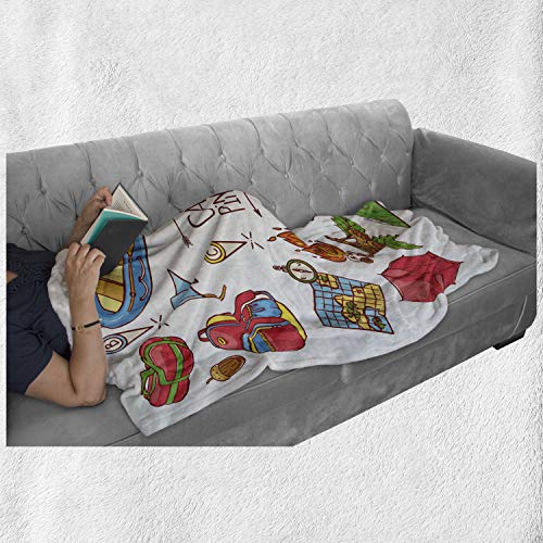 Lunarable Camper Throw Blanket, Camping Lifestyle Equipments a Boat Compass Map Ax Tent Tourism Illustration, Flannel Flee...