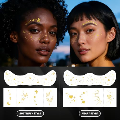 30PCS Glitter Freckles Face Tattoos & Face Gems Set, Multi-Style Gold Glitter Temporary Tattoos for Valentine's Day Makeu...