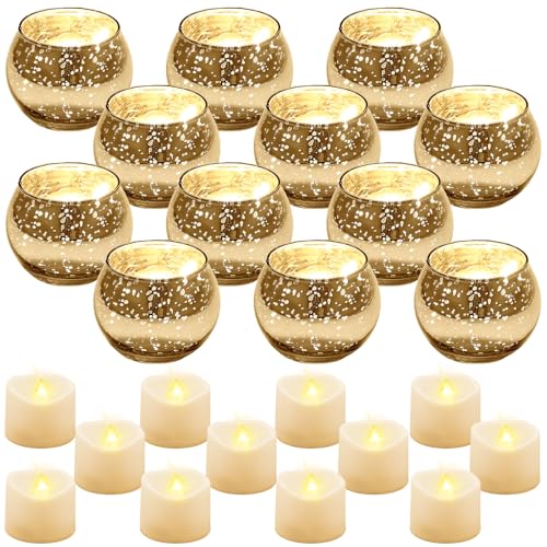 Rtteri 12 Set Votive Candle Holders Wedding Centerpiece Table Decorations Speckled Mercury Glass Votive Candle Holders wit...