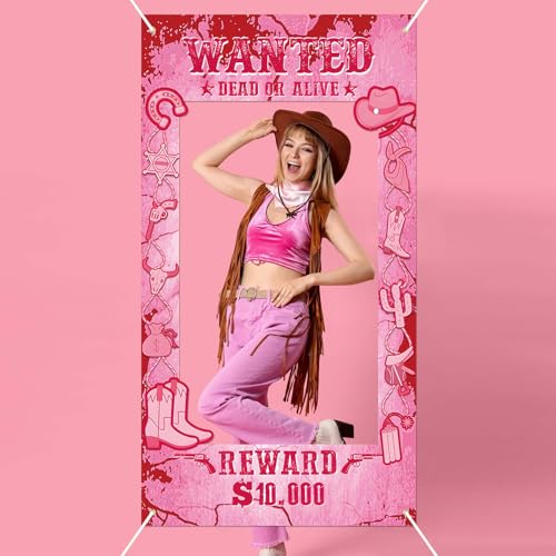 Cowgirl Party Decorations Pink Western Photo Booth Wanted Poster Photo Prop Photos Frame Banner for Wild West Birthday Dec...