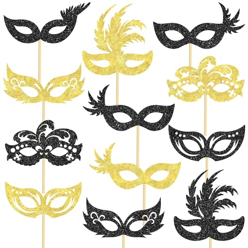 umoni Masquerade Mask Centerpiece Sticks 12Pcs Glitter Black and Gold Mask Table Toppers Venetian Mask Decorations Costume...