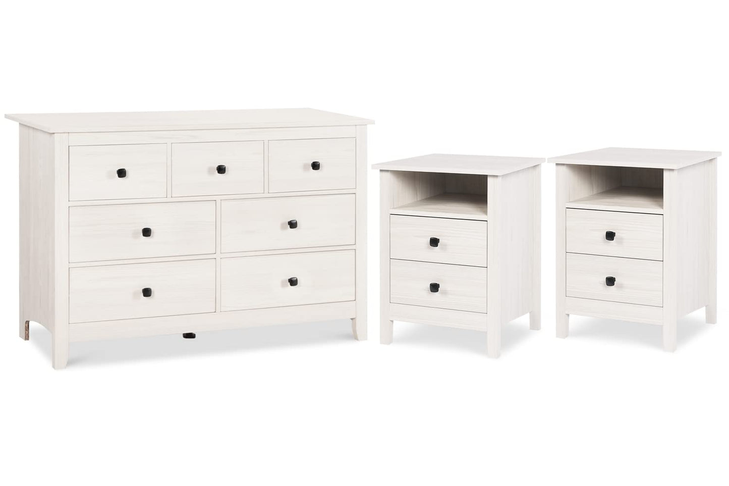 Vikiullf Dresser and Nightstand Set - 3 Pieces Bedroom Set with 7 Drawers Chest and 2 Drawer Night Stands, Wooden Storage Cabient for Bedroom, White Wood Grain