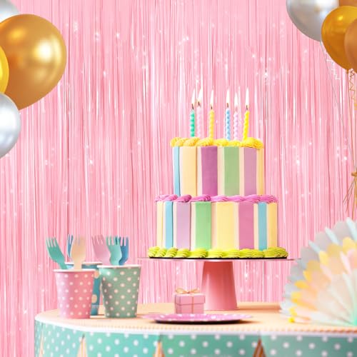 2 Pack Pastel Pink Metallic Tinsel Foil Fringe Curtains, Door Streamers Photo Booth Backdrop for Birthday Party, Tinsel Cu...
