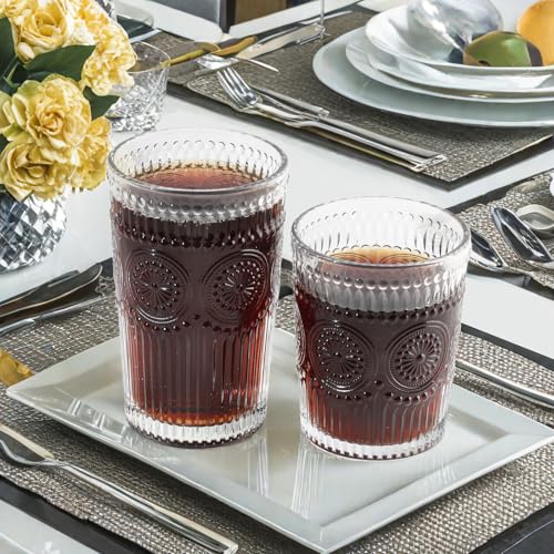 Loivttvv 12pcs Vintage Drinking Glasses Set, 12 oz Highball Glasses & 9 oz Embossed Ribbed Glassware Cups for Cocktail, Wa...