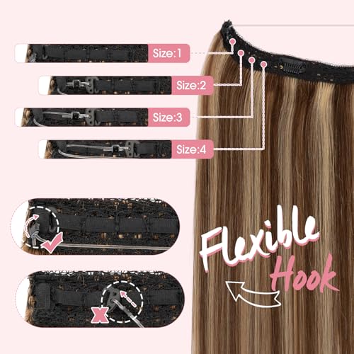 Halo Hair Extensions,Prokyvity Halo Hair Extensions Real Human Hair,Invisible Adjustable Wire Extensions for Seamless Blending 20 inch/70g Medium Brown Streaked with Dark Blonde