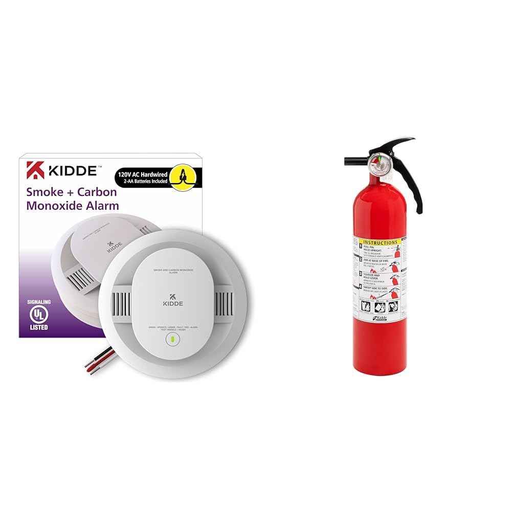 Kidde Hardwired Smoke & Carbon Monoxide Detector, AA Battery Backup, Interconnectable & Fire Extinguisher for Home, 1-A:10-B:C, Dry Chemical Extinguisher, Red