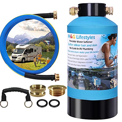 H&G lifestyles Portable Water Softener for RV with Water Hose,5A Food-Grade 3/4" Brass Fittings 2600 Gallons Softens Hard ...