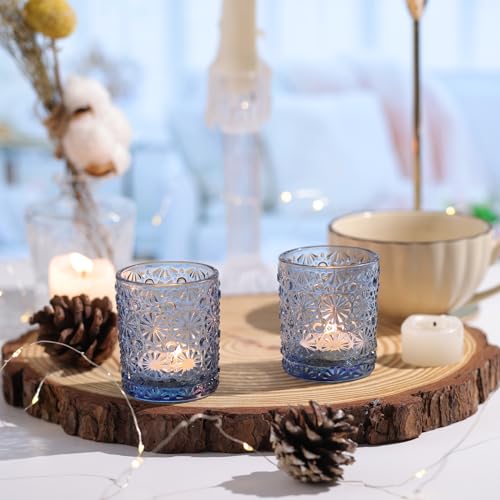 Blue Votive Candle Holder Set of 12, Flower Tea Lights Candles Holders for Wedding Table Centerpieces, Birthday Parties, H...