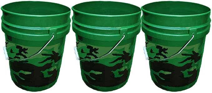 Get Ready for Hunting and Fishing Season with 5 Gallon Green Camo Plastic Buckets, 3-Pack