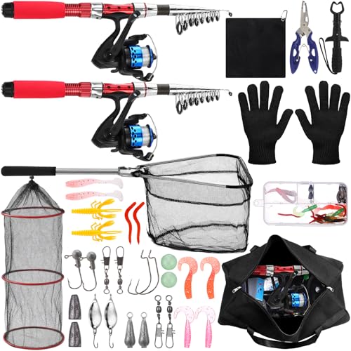 LaRandom 51 Pcs Christmas Fishing Pole Combo 6.89ft Telescopic Rods Set Collapsible Fishing Rods with Plier Lip Gripper Lu...