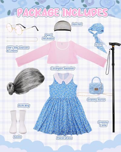 AXINYINGESS 100 Days of School Old Lady Costume Grandma Dress Up Set for Girls Costumes Granny Outfit Kit