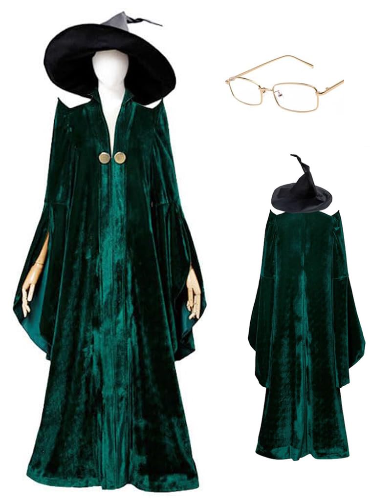Howenlthy Womens Professor Mcgonagall Costume Green Robe Wizard Cloak Cap Glasses Suit Witch Cosplay Halloween Outfit (Green Full Set, Large)