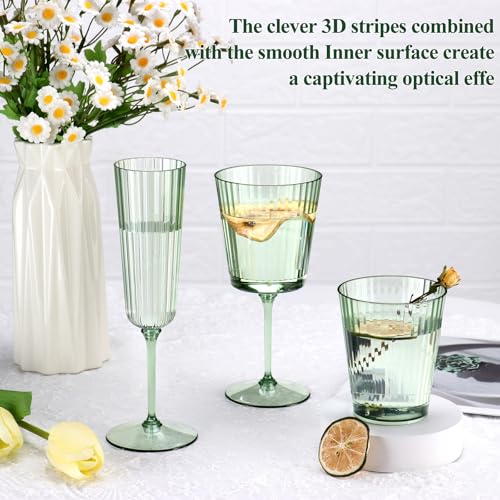 SHIQIKEJIPTY 12 Pack Plastic Champagne Flutes Sage Green Unbreakable Ribbed Champagne Glasses Detachable 5.5 Oz Disposable...