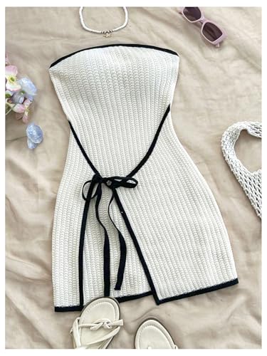MakeMeChic Women's Knitted Strapless Sweater Dress Wrap Tie Front Party Mini Tube Dresses