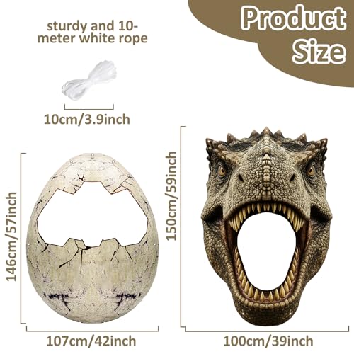 Dino Themed Photo Backdrop Set for Kids Birthday Party – Dinosaur Head and Egg Fabric Banner with Cut-Out Windows – Jungle...