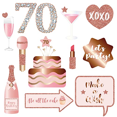 70th Birthday Party Photo Booth Props and Signs, Rose Gold 70 Birthday Party Selfie Props Kit with Sticks for Women, Seven...