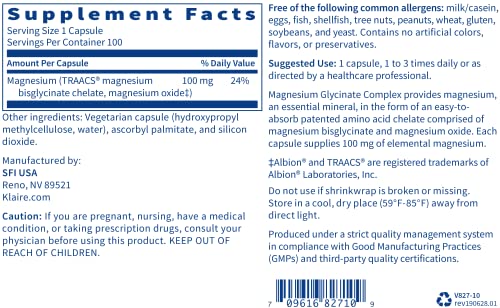 Klaire Labs Magnesium Glycinate Complex - 100mg Bisglycinate Blend to Support Bone Health & Rest - Chelated for Improved Absorption - Gluten-Free & Hypoallergenic (100 Capsules)