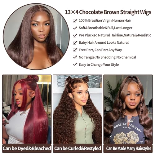 200 Density Brown Straight Lace Front Wigs Human Hair 20 Inch Chocolate Brown Human Hair Wig Straight 13x4 HD Transparent Lace Frontal Wigs Pre Plucked 4# Colored Wig