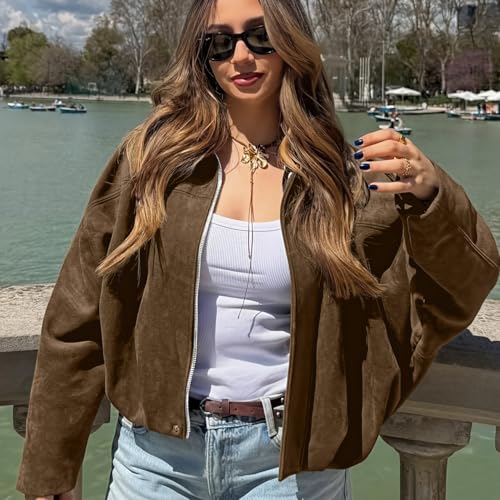 kipfall Womens Faux Suede Jackets Fall Fashion Outfits Coat Winter Clothes Open Front Cropped Jacket
