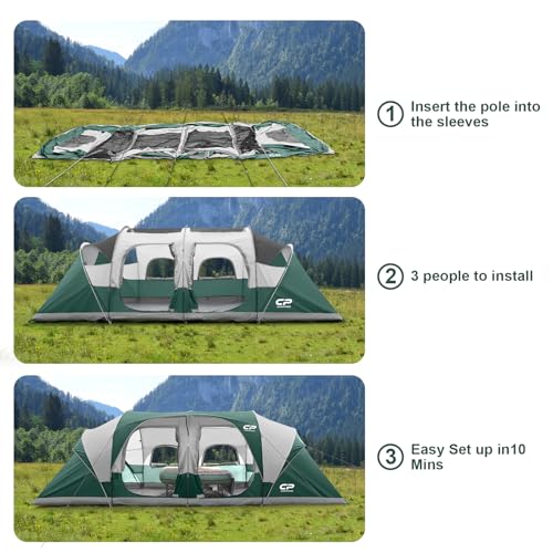 CAMPROS CP Tent 12-Person-Camping-Tents,3 Room Family Tents,Waterproof Windproof Family Tent with Top Rainfly,6 Large Mesh...