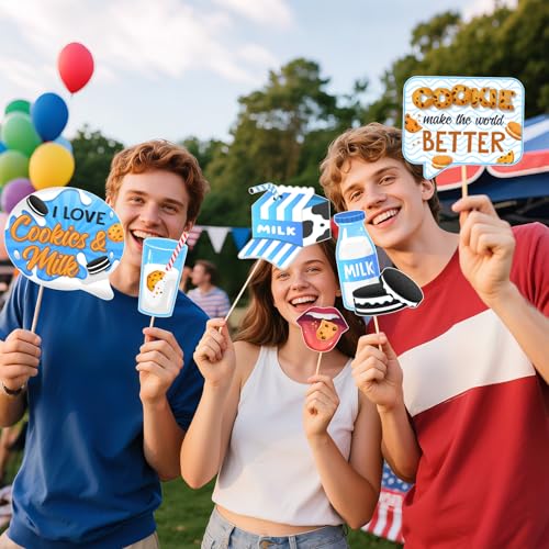 Cookies Milk Photo Booth Props, Sweet Cookie Theme Baby Shower Chocolate Birthday Decoration Tea Party Supplies 17Pcs Blue