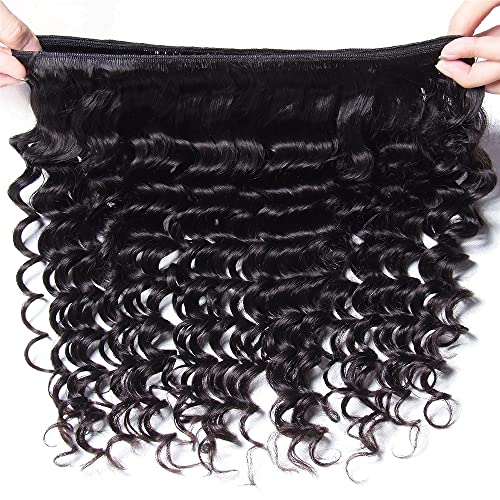 Deep Wave Bundles (12 14 16+10) 100% Unprocessed 3 Bundles Human Hair with 4x4 HD Lace Free Part Baby Hair Closure 10A Natural Color