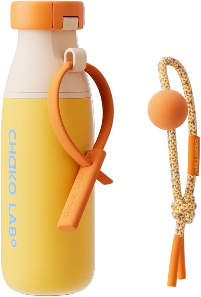 CHAKO LAB Insulated Stainless Steel Water Bottle with Two Strap | BPA-Free Leak Proof | 17oz Bottle with Spout Lid & Straw | Orange Marmalade
