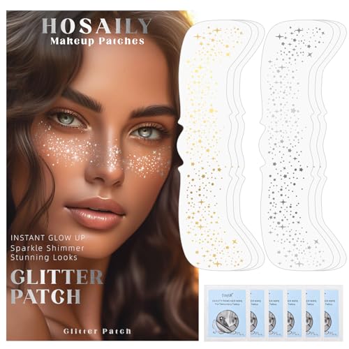HOSAILY 6 PCS Glitter Freckles Face Tattoo, Gold&Silver Waterproof Face Sparkle Glitter Speckles Patches for Women, Cute S...