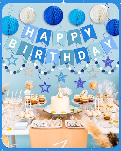 Blue Happy Birthday Decorations, Happy Birthday Banner with Honeycomb Balls, Stars Hanging Swirl Streamers, Dots Garland, ...