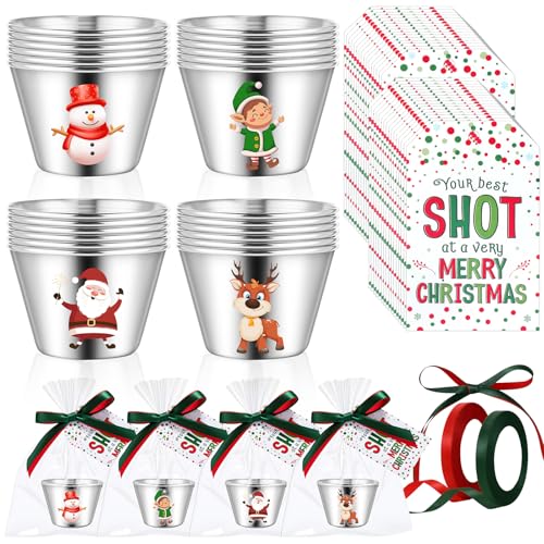 Widecook 24 Set Christmas Party Favors for Adults 2 oz Christmas Shot Glasses Whiskey Drinking Shot Cups Xmas Stocking Stu...