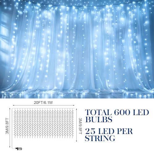 Aurelema 600 LED 20 x 9.8 Ft Christmas Curtain Lights 8 Modes Outdoor Fairy Lights with Remote Plug in Hanging String Fair...