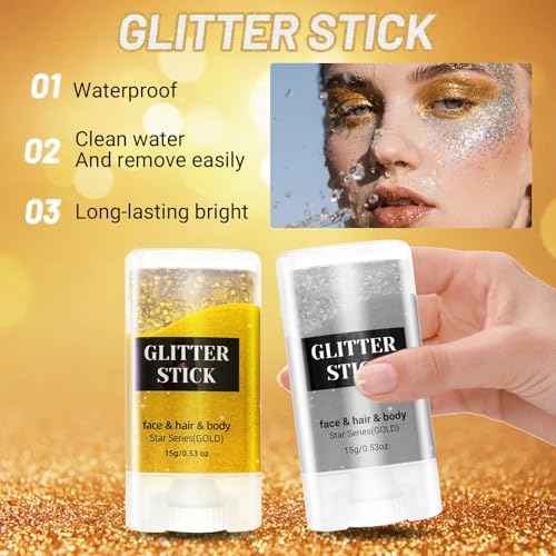 2PCS Face Body Glitter Stick,Gold Silver Hair Glitter Stick for Kids Women,Roll on Body Face Glitter Gel Makeup Hair Acces...