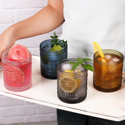 JPPSUJJ Cocktail Glasses 10 oz Hobnail Drinking Glasses Set of 6, Vintage Glassware, Textured Glass Cups Bubble Glasses Wa...