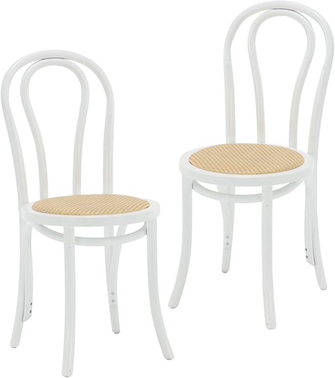 DM Furniture Rattan Dining Chairs Set of 2 Mid-Century French Bistro Chairs Solid Bentwood Wedding/Cafe Chairs with Backrest for Dining/Kitchen Room No Assembly Required, Home, White