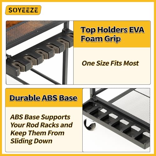SOYEEZE Fishing Rod Holders for Garage with Pegboard and Lockable Wheels, 3-Tier Fishing Pole Rack with 10 Hooks, Fishing ...
