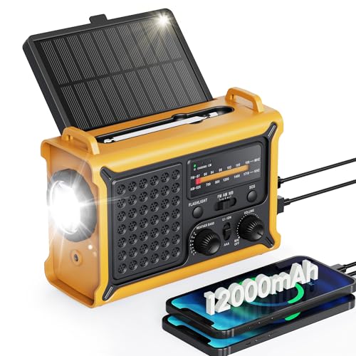 Emergency Weather Radio with Large Solar Panel, Efficient Hand Crank & Real 12000mAh Battery | AM/FM/NOAA Bands, LED Flash...