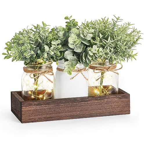 Mkono Mason Jar Lights Table Centerpiece for Dining Room Fake Eucalyptus Plants Christmas Table Decor for Kitchen Coffee T...